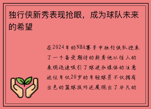 独行侠新秀表现抢眼，成为球队未来的希望