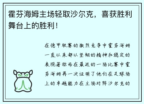 霍芬海姆主场轻取沙尔克，喜获胜利舞台上的胜利！